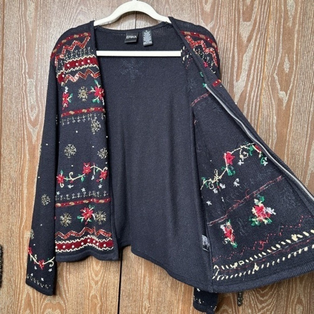 Vtg Christmas Sweater Black Beaded Sequin Poinsettia Snowflake Zip Up Womens XL - Picture 8 of 10